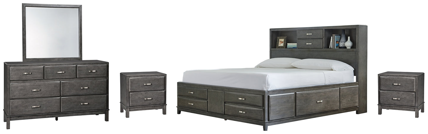 Caitbrook  Storage Bed With 8 Storage Drawers With Mirrored Dresser And 2 Nightstands