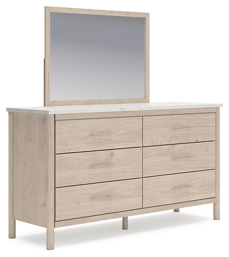 Cadmori Queen Upholstered Panel Bed with Mirrored Dresser and Nightstand