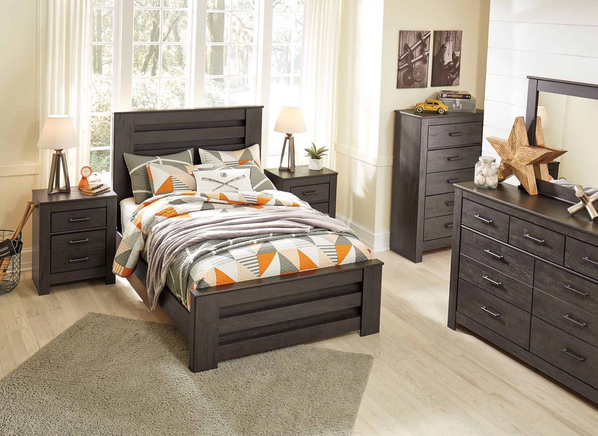 Brinxton panel bed with dresser outlet mirror and nightstand